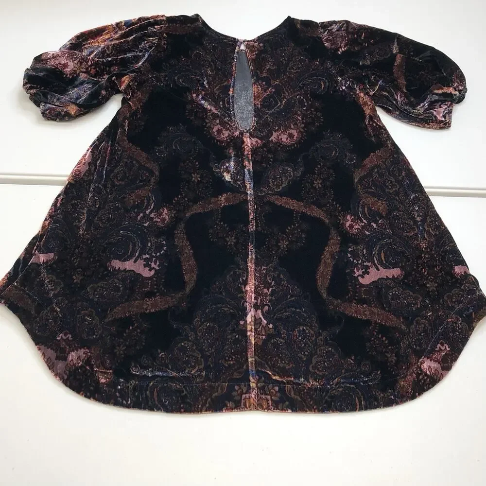 FREE PEOPLE Maye Puff Sleeve Printed Velvet Tunic Medium Dark Black OB1584852